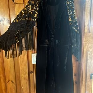 Free People Black Velvet Duster with Gold Embroidery